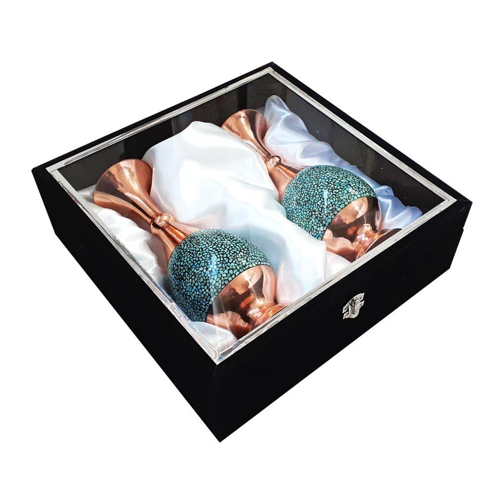 ست دوتایی گلدان فیروزه کوبی 16 سانتیمتری با جعبه مخمل