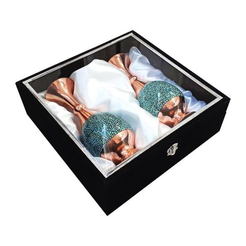 ست دوتایی گلدان فیروزه کوبی 16 سانتیمتری با جعبه مخمل